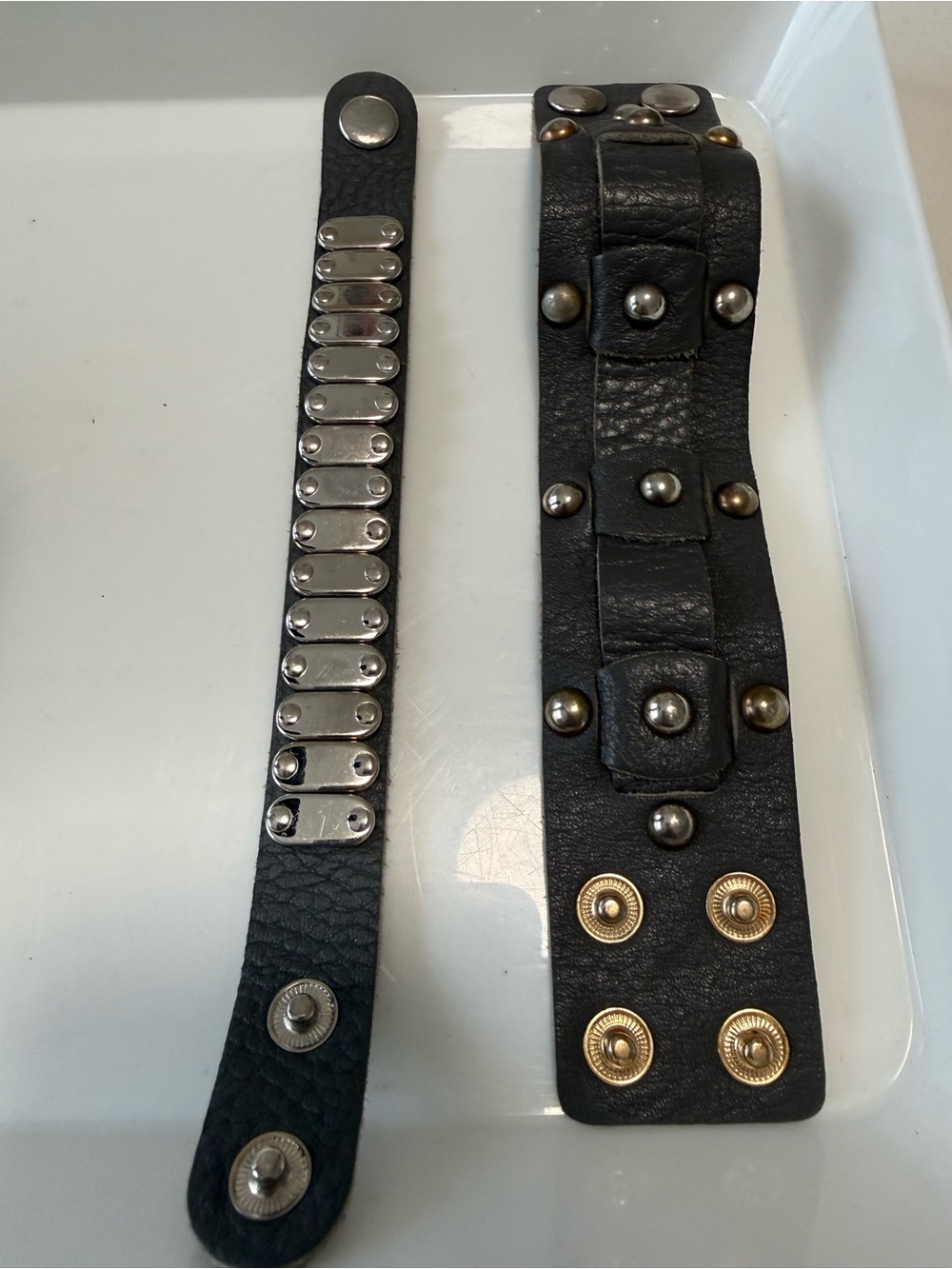 Set of 2-Studded Gray Leather Cuff Bracelets with Silver & brass  Hardware - Picture 4 of 4